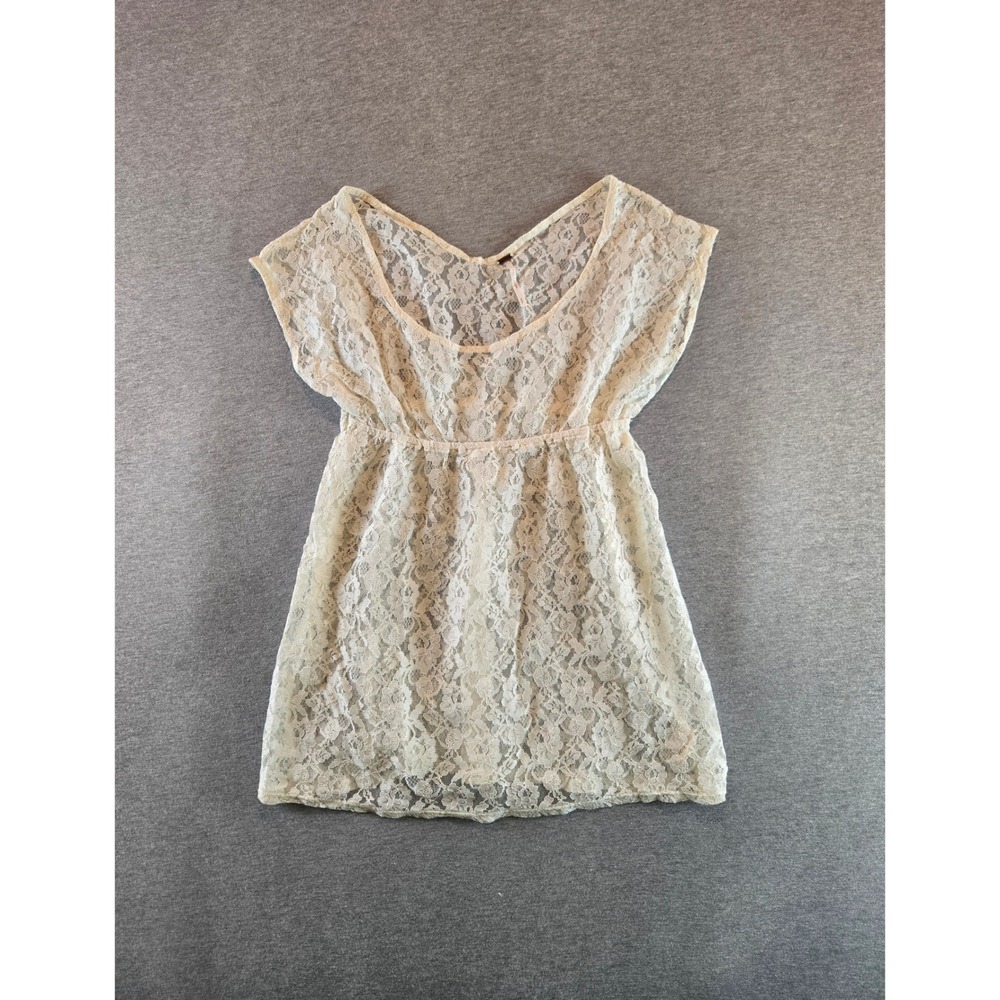 Free People Lace Tunic Top Womens Small Cream Sheer Empire Waist Boho Cap Sleeve